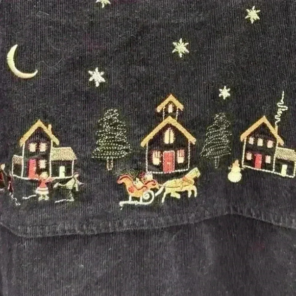 Christopher & Banks Embroidery Medium Blue Corduroy Christmas Village Jumper - Picture 10 of 12